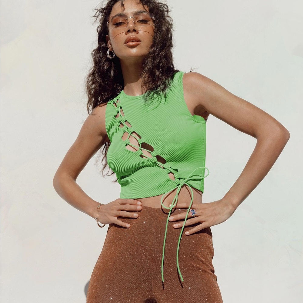 Princess Polly Green Crop Tank Top with Asymmetric Cut Out Tie Front